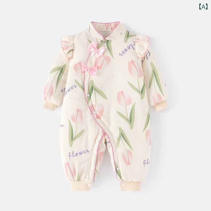 ロンパース ベビー 女の子 前開き 斜めボタン 厚手 中綿入り 長袖 あったか 防寒 秋冬 チャイナ風 かわいい カバーオール 綿混 ピンク グリーン