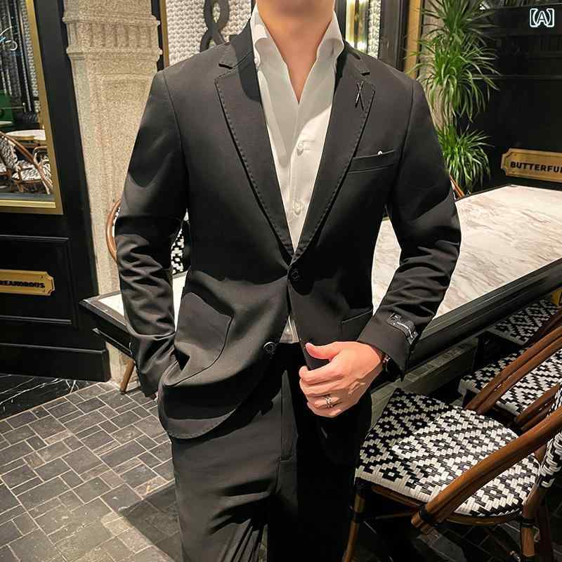 スーツ メンズ 秋冬 厚手 スリムフィット ツーピース セットアップ パイピングデザイン 上質 高品質感 レーヨン混 化繊混紡 ビジネス カジュアル ブラック グレー|Hanbok Home