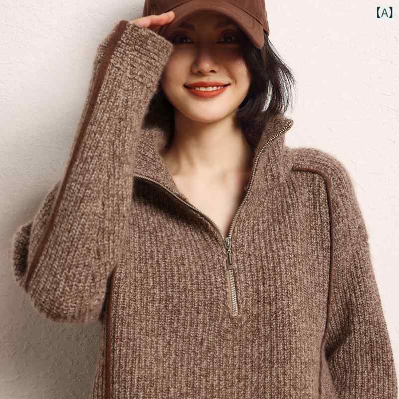 ニットトップス レディース ホンブルグ帽カシミール混 ゆったり 厚地の外套大きさ ハーフジップ 襟付き添い人 長袖 ティーシャツ レトロ 韓国流行り物 メランジ 朦々たる 秋冬 肌付き 心地好い