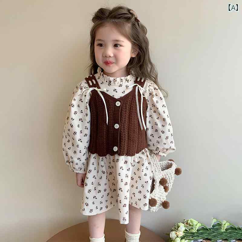 ワンピース 女の子 子供 キッズ 女児 ニットベスト セットアップ 小花柄 プリンセスドレス フレア Aライン 春秋 綿混 柔らかい肌触り ベージュ アイボリー お出かけ 普段使い カジュアル フォーマル かわいい おしゃれ 上品
