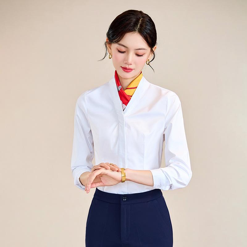 ブラウス レディース 女性用 秋冬 Vネック 長袖 開襟 ノーアイロン スリム トップス 上品 きれいめ オフィス ビジネス 通勤 サービス業 接客 制服 ユニフォーム ポリエステル 無地