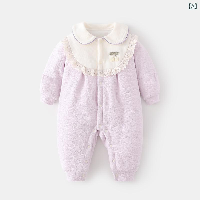 ロンパース カバーオール ベビー 赤ちゃん 新生児 女の子 女児 中綿入り キルティング 厚手 暖かい 防寒 秋冬 冬物 無縫製 シームレス ストレスフリー 前開き スナップボタン 襟付き 長袖 コットン 男女兼用 かわいい チェリー柄 普段着 お出かけ