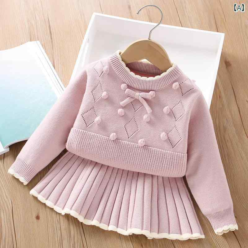 キッズ 女の子 秋冬 韓国風 かわいい おしゃれ アクリルニット 長袖 プルオーバー 立体ポンポン スカート セットアップ お出かけ 普段使い 無地 ピンク レッド アイボリー