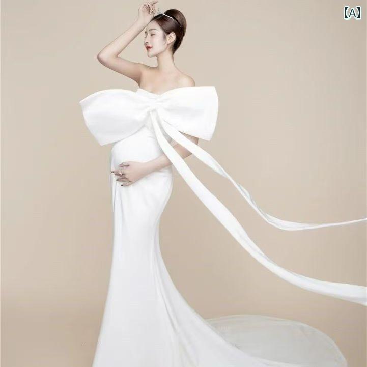 マタニティドレス レディース 韓国風 高級感 シンプル ベアトップ ホワイト ロング丈 トレーン 写真撮影用 衣装 ウェディング セレモニー フォーマル アセテート繊維 綿混紡