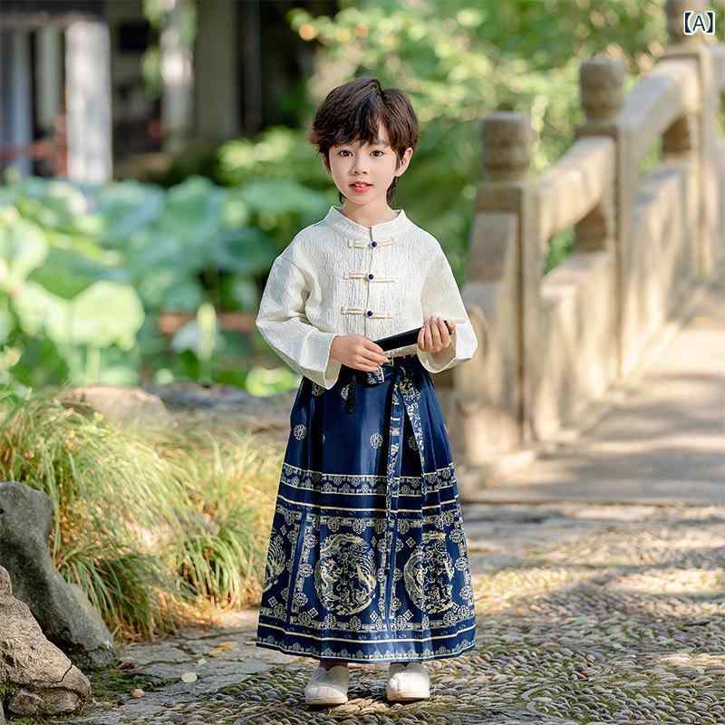 漢服 キッズ 女の子 馬面スカート セットアップ アンサンブル 兄妹コーデ 花柄 かわいい 切り替え レトロ ネオチャイニーズ 中国風 伝統服 発表会 ステージ衣装 春秋 綿混 ポリエステル ブルー レッド