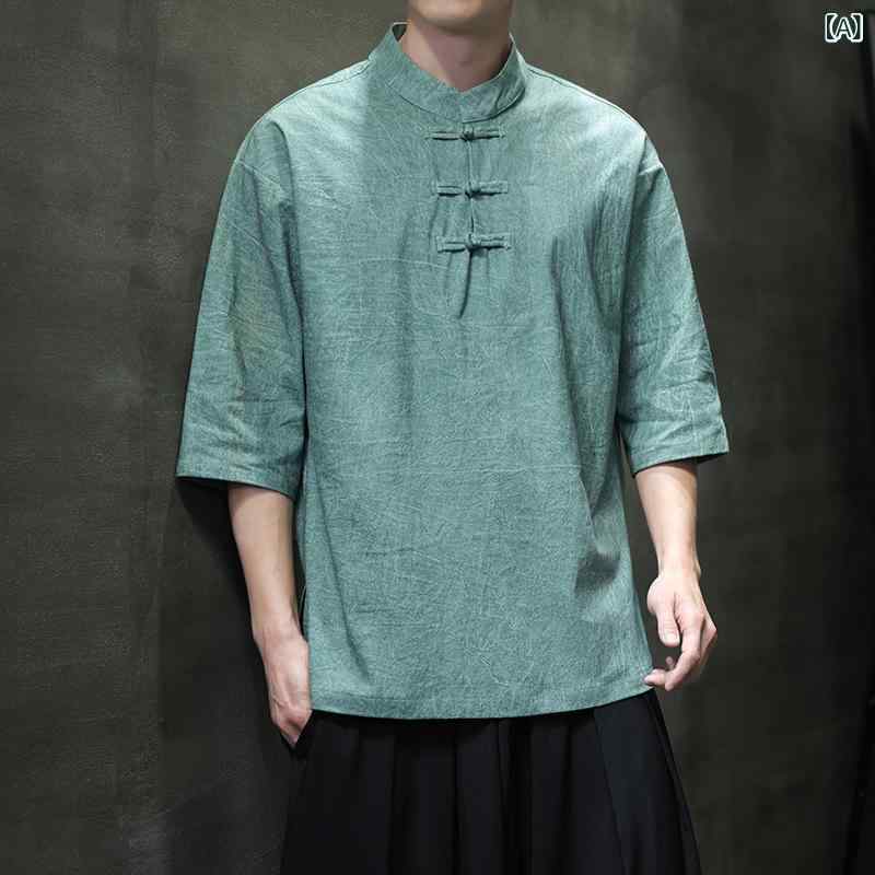 Tシャツ メンズ 新中華風 チャイナ風 レトロ コットンリネン 半袖 スタンドカラー チャイナボタン 薄手 ゆったり トップス カジュアル 普段使い 春夏