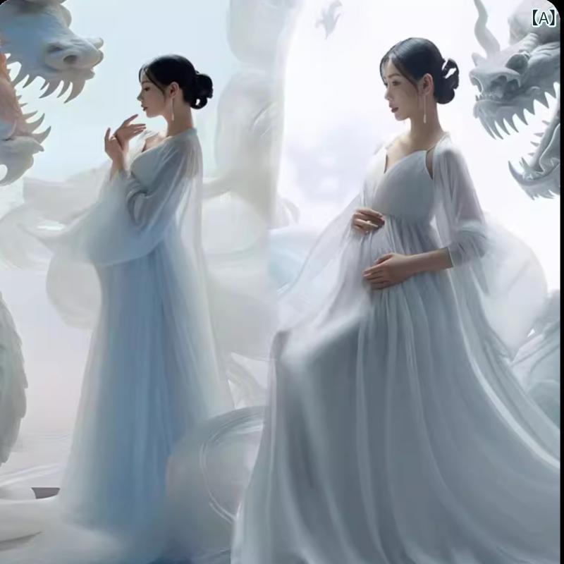 ドレス レディース マタニティ 妊婦 フォト撮影 マタニティフォト スタジオ撮影 シフォン ポリエステル ホワイト 白 ロング丈 マキシ丈 ラッパ袖 フレアスリーブ エレガント 幻想的 ゆったり 春夏