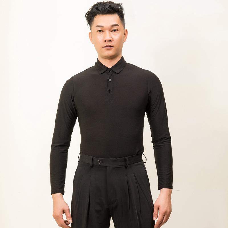 ダンスウェア メンズ 男性用 モダン ラテン 社交 長袖 トップス ポロシャツ 練習着 レッスンウェア 発表会 ステージ衣装 黒 ブラック ポリエステル混紡 ハニカムメッシュ