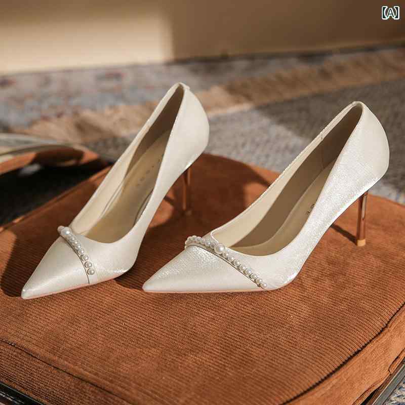 パンプス レディース ブライダルシューズ ウェディングシューズ 結婚式 披露宴 2WAY ドレス兼用 フレンチスタイル パール ポインテッドトゥ スティレットヒール 浅履き サテン エレガント