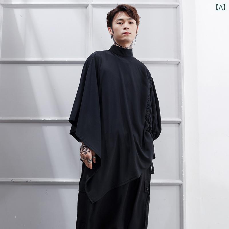 プルオーバー メンズ まっ黒い系 ルーズフィット 非対称 個人的特徴的 絵図面 ドローストリング ロング丈 弗マン 衣手 麻 無地 心地よい 黒いこと 白いこと