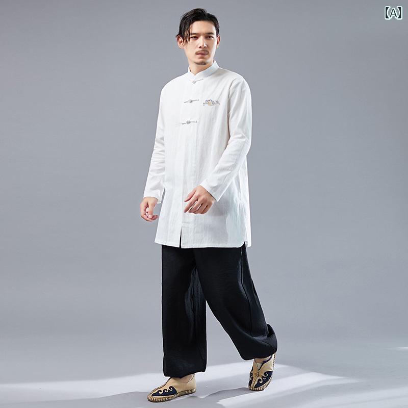 シャツ メンズ 男性用 チャイナ風 レトロ ヴィンテージ スタンドカラー 立ち襟 チャイナボタン 綿麻 コットンリネン 刺繍 ミドル丈 ロング丈 ゆったり ビッグシルエット カジュアル 普段使い リラックス ホワイト ダークレッド 秋冬 トップス