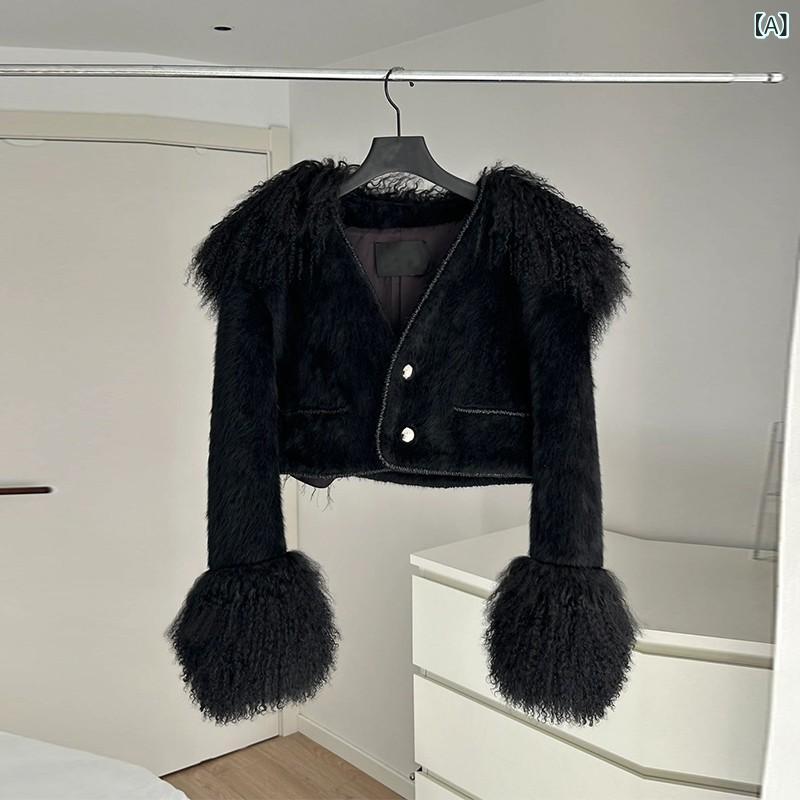 ファーコート レディース 高級感 黒 秋冬 厚手 おしゃれ 上品 小柄 クール エコファー ショート丈 通勤 きれいめ 長袖 Vネック ポリエステル 大人 防寒 暖かい|Hanbok Home