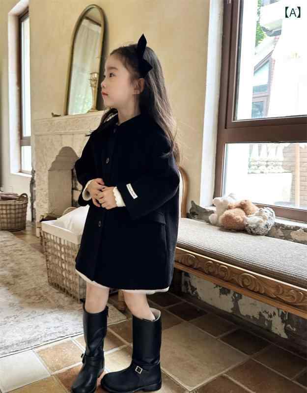 キッズ 女の子 ガールズ ベビー 子供服 ウールコート アウター 秋冬 ミドル丈 韓国風 おしゃれ かわいい 上品 無地 厚手 暖かい 通園 通学 お出かけ 黒 グレー