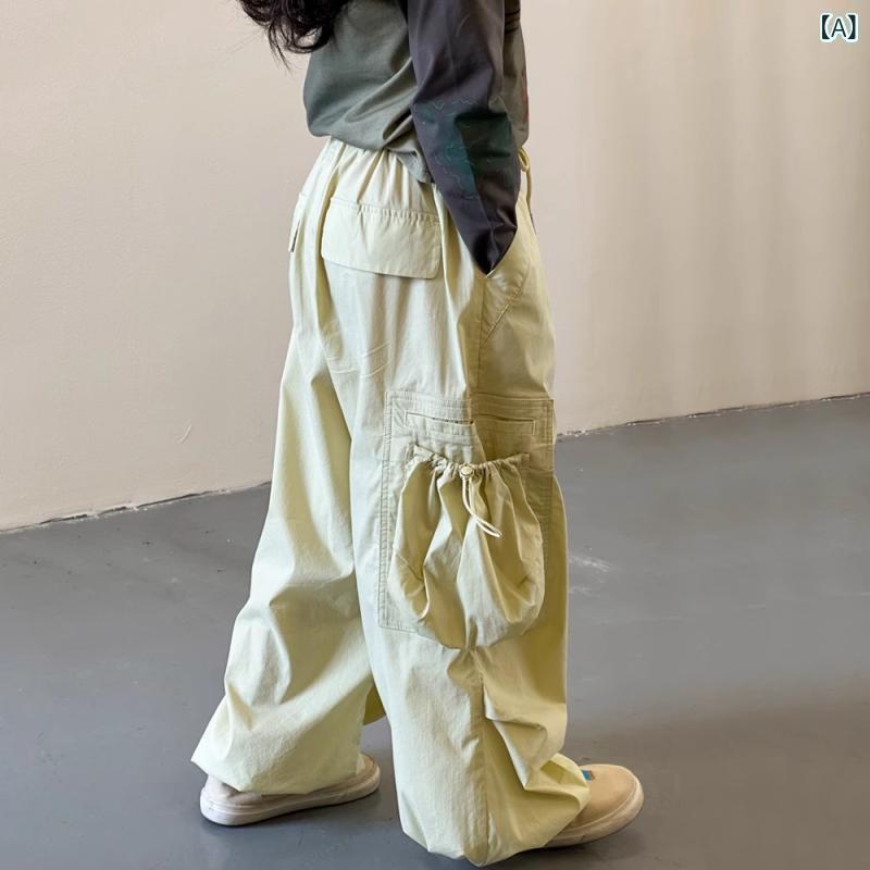ワークパンツ カーゴパンツ 女の子 子供 キッズ 春夏 韓国風 おしゃれ かわいい ストレート カジュアル 綿 コットン ゆったり ゴムウエスト ポケット 無地 ロング丈 ライトカーキ 普段着 通学