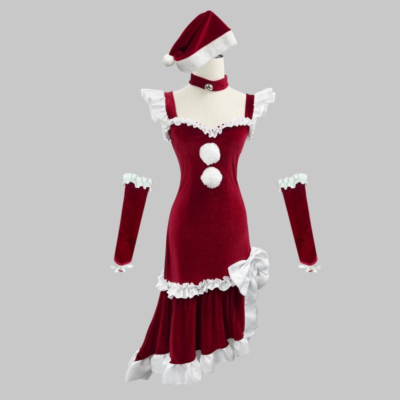 ワンピース レディース 女性用 クリスマス コスプレ 衣装 イベント ドレス フォーマル フレンチスタイル ヒップライン プリンセススタイル ベロア ワインレッド ポリエステル 高級感 大きいサイズ セクシー かわいい 冬 パーティー 演劇 舞台 ロング