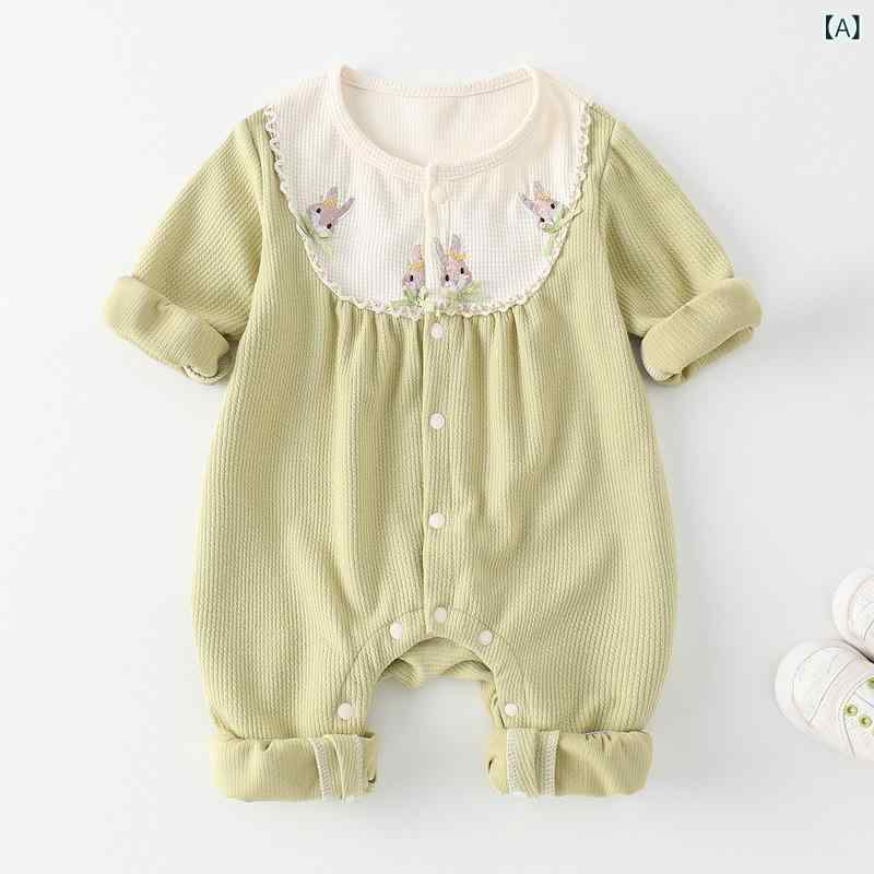 ロンパース 女の子 ベビー 女児 かわいい カバーオール オールインワン 春秋 ポリエステル製 無縫製 スムース 長袖 韓国風 前開き スナップボタン グリーン 緑