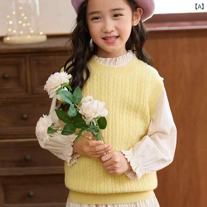 キッズ ベスト チョッキ 男の子 女の子 男女兼用 秋冬 ウール ケーブルニット プルオーバー 無地 韓国風 小学生 中学生 ジュニア トップス ソフト 柔らかい スクール ニット Vネック