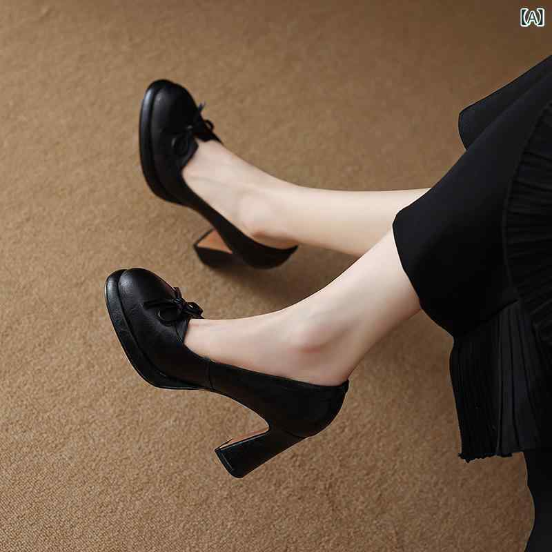 パンプス レディース 9cm 太ヒール チャンキーヒール 厚底 浅履き 羊革 ラムレザー 春秋 ラウンドトゥ プラットフォーム 黒 ワインレッド ダークブラウン デイリー