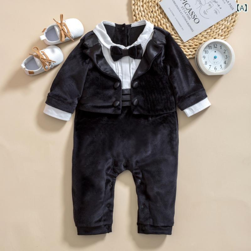 ロンパース ベビー 男の子用 男児 スペイン風 1歳 誕生日 記念撮影 セレモニー フォーマル ベロア 重ね着風 長袖 ブラック 春秋