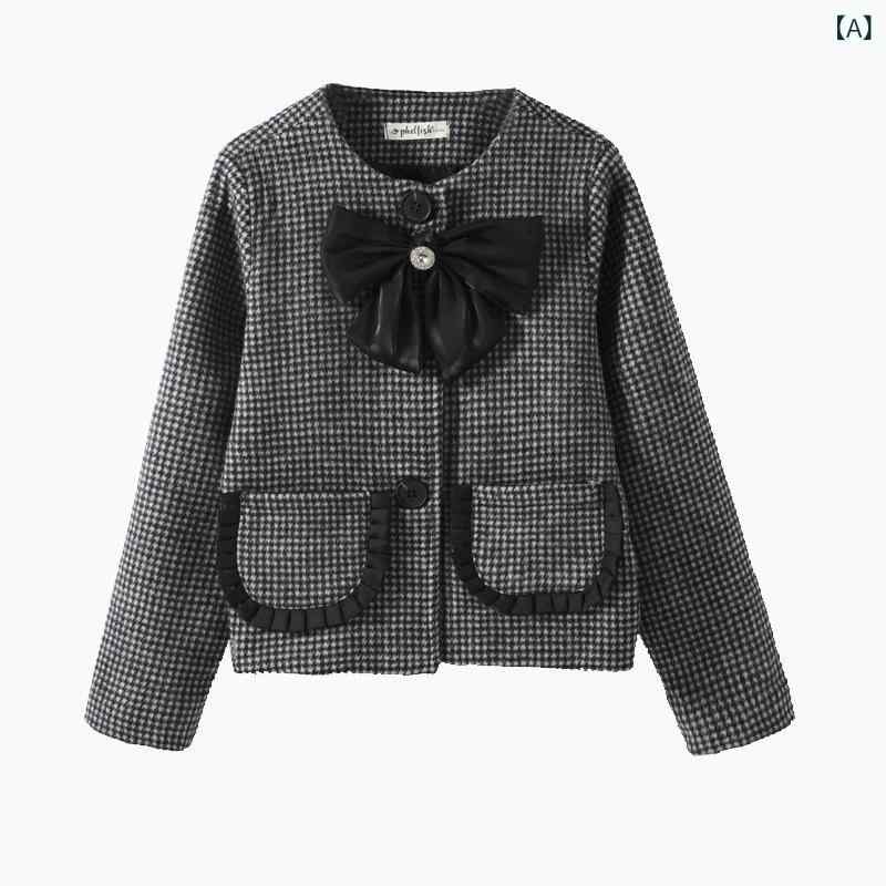 カーディガン 女の子 キッズ ガールズ ジュニア 長袖 格子柄 チェック 厚手 ショート丈 ラウンドネック シングルボタン ウール調素材 上品 きれいめ 韓国ファッション 秋冬 羽織り トップス