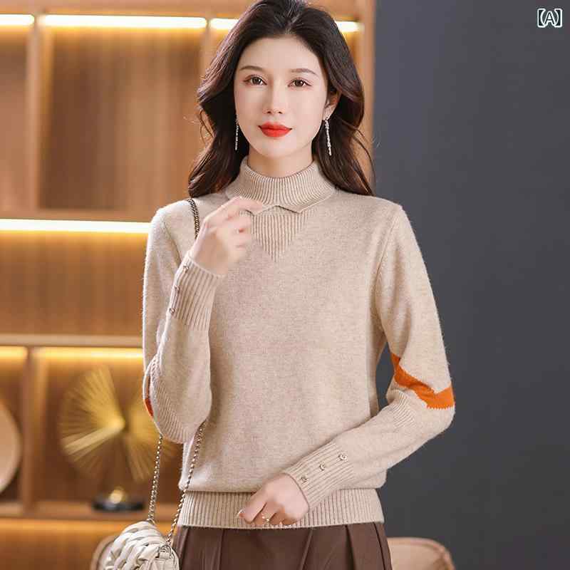 ニット トップス レディース 女性用 ハイネック タートルネック ゆったり ルーズフィット オーバーサイズ ショート丈 厚手 アクリル ポリエステル プルオーバー インナー 重ね着 アウター 秋冬 上品 きれいめ バイカラー 配色 切り替え