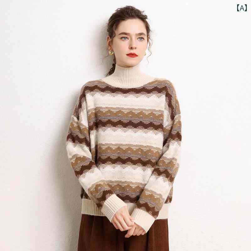 ニット レディース カシミヤ ハイネック 長袖 プルオーバー ゆったり オーバーサイズ ジャガード柄 厚手 肉厚 保温 あたたか 秋冬 普段使い オフィス カジュアル トップス ベージュ グリーン