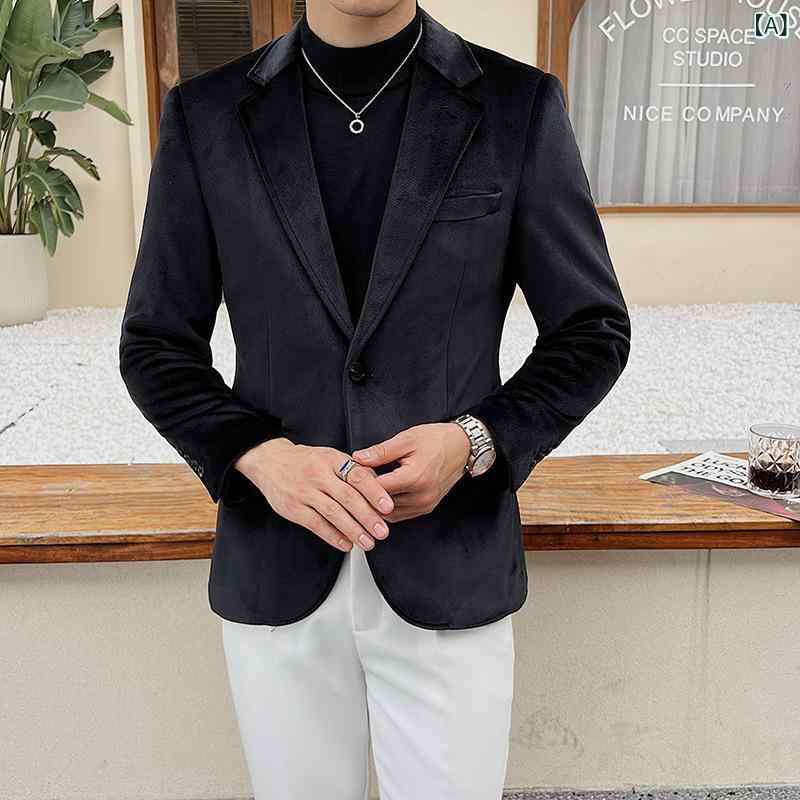 テーラードジャケット 男性用 秋冬 シングルボタン 韓国系 細身 ノーアイロン ベルベットアウター 普段使い ポリエステル ブラック ホワイト
