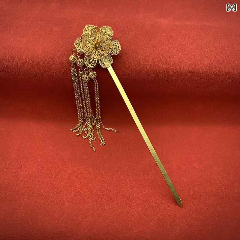 簪 レディース スターリングしろがね色 金メッキ 両面花 立体花捏ち上げる お手てお手伝いさん ロングタッセル 歩揺 雅びやか 晴れ晴れしい 愛くるしい 御前上等感 大時代 民族風 漢服 瀬戸もの御召しもの 和装 髪飾りつけ 髪の毛付属物