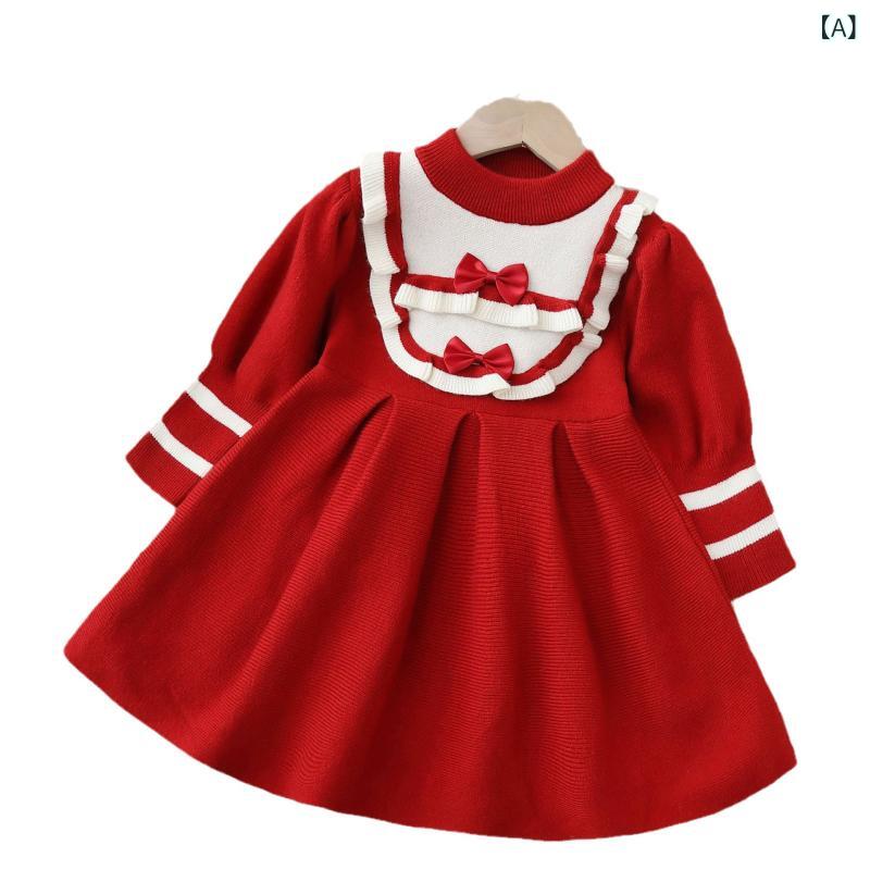 ニットワンピース 女の子 キッズ 秋冬 リボン プリンセスドレス かわいい 上品 長袖 アクリル 裏起毛 セーター 丸首 ガールズ お出かけ