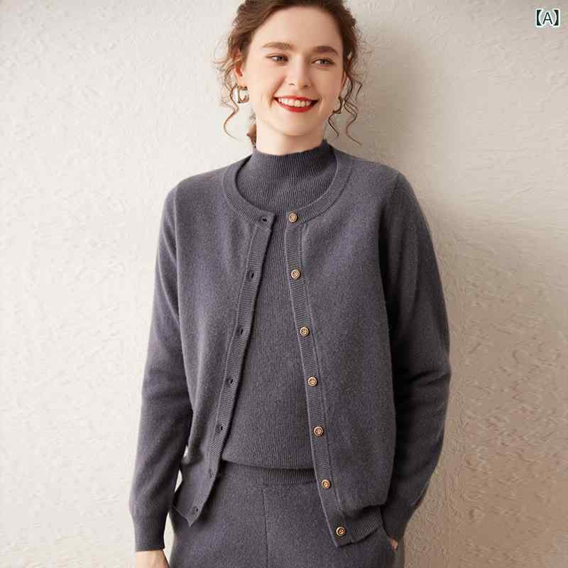 カーディガン レディース 女性用 カシミヤ ウール 混 ニット ラウンドネック 丸首 長袖 大きいサイズ ゆったり オーバーサイズ ベーシック 着回し 春秋 羽織り|Hanbok Home
