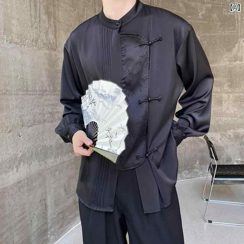 シャツ メンズ 秋 チャイナ風 中華風 レトロ クラシック スタンドカラー 立ち襟 チャイナボタン 飾りボタン 長袖 切り替え 麻 リネン 裏起毛 伸縮性 スリムフィット 普段使い カジュアル ブラック ホワイト トップス