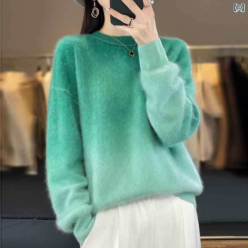 セーター レディース カシミヤ 高級感 クルーネック 長袖 ニットプルオーバー グラデーションカラー ゆったり ドロップショルダー オフィス カジュアル エレガント 秋冬