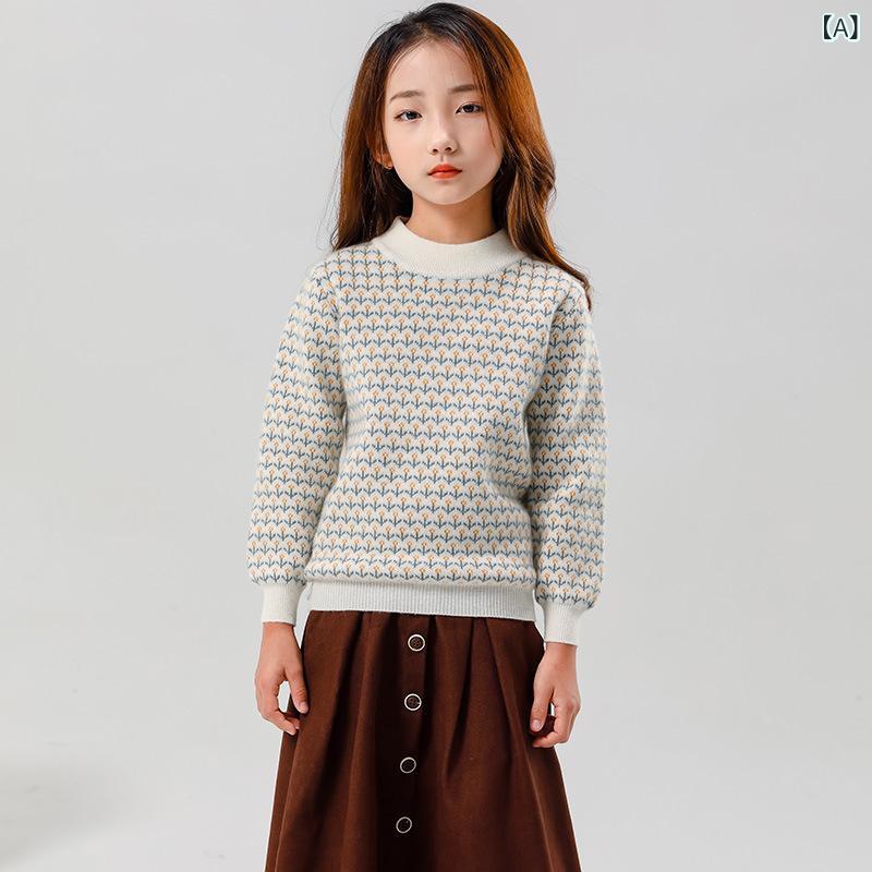 ニット キッズ 女の子 カシミヤ ラウンドネック 長袖 厚手 ひまわり柄 プルオーバー トップス 秋冬 あったか かわいい 普段使い 通学|Hanbok Home