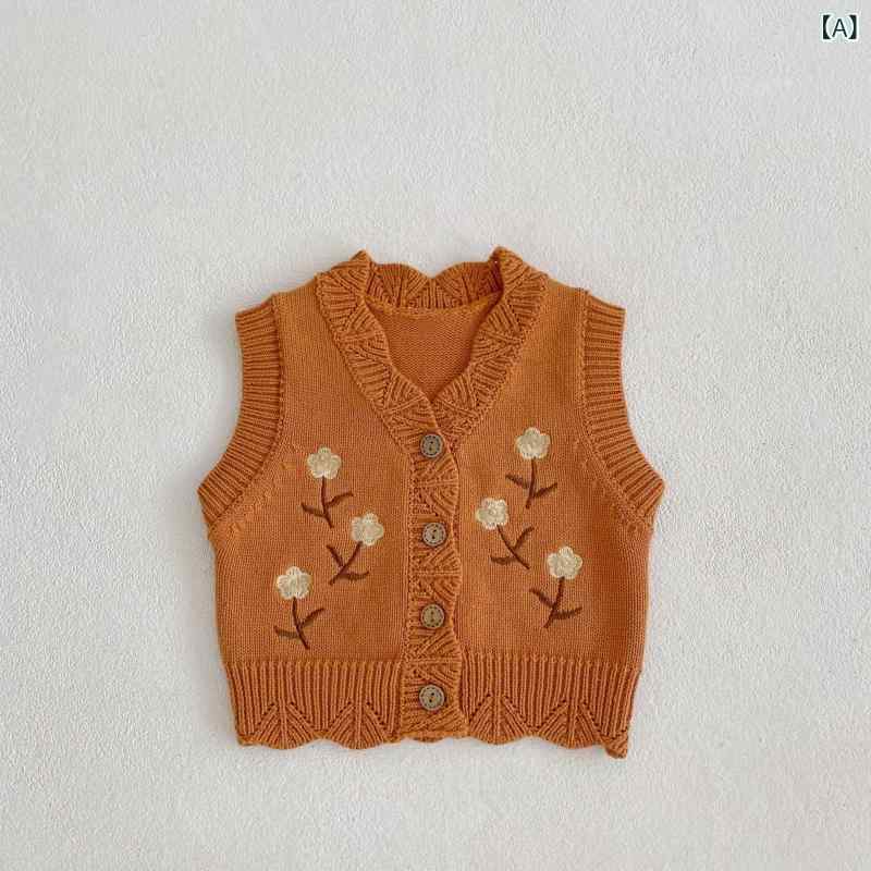 ニットベスト ベビー 女の子 幼児 0-3歳 秋冬 綿素材 Vネック 花柄刺繍 シングルボタン 前開き 袖なし 着回し 万能 重ね着 羽織り 普段使い 通園 カジュアル キャメル