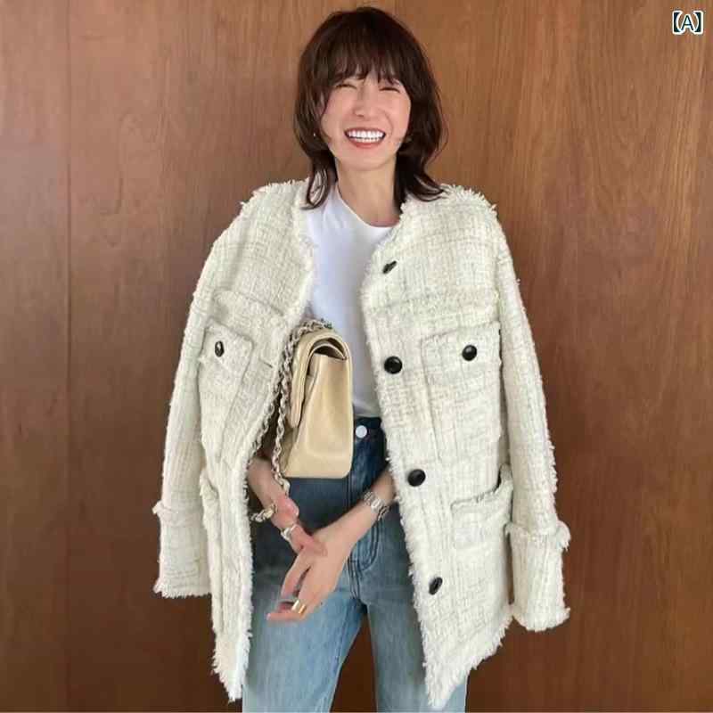 アウター レディース 春夏 日系 デザイナーズ クラシック 上品 ツイード ウール フリンジ ラウンドネック 長袖 ストレートシルエット カーディガン ジャケット 羽織り アイボリー ブラウン カジュアル|Hanbok Home