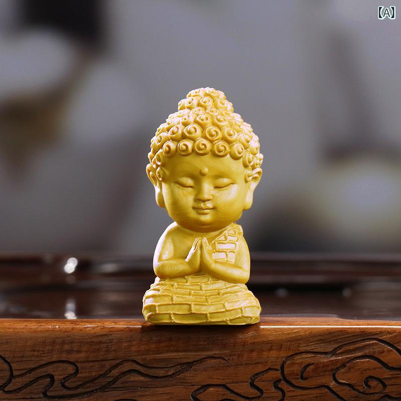 仏像 置物 黄楊木彫 ツゲ 中国風 中華風 蓮台 釈迦牟尼 デフォルメ ベビー仏 童子仏 ミニ 手のひらサイズ インテリア雑貨 癒し 開運 縁起物 お守り 風水 飾り物