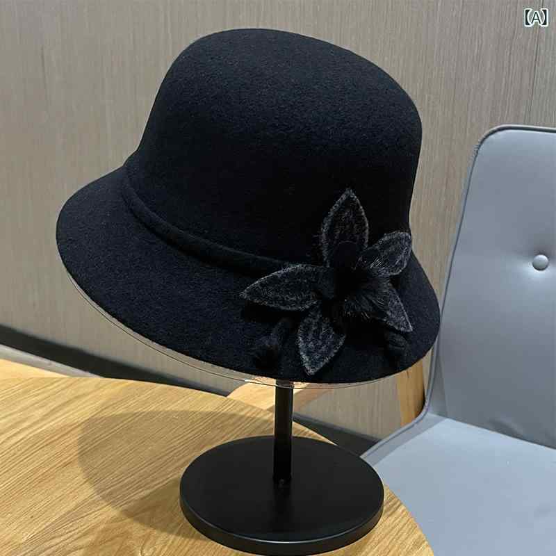 ハット レディース シニア女性向け ウール 羊毛 バケットハット つば広 秋冬 冬用 保温 暖かい サイズ調節可能 レトロ エレガント お出かけ 普段使い