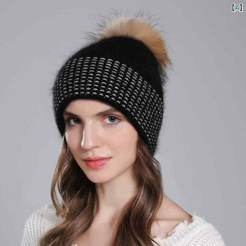 ニット帽 レディース 女性用 ラビットファー ラクーンファー ポンポン付き 防寒 保温 暖か ニットキャップ 上品 エレガント 高級感 シンプル カジュアル 秋冬 普段使い