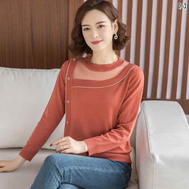 ニット ミセス 女性用 プルオーバー 羊毛混紡 ウールブレンド ポリエステル 薄手 長袖 透かし編み レース襟 切り替え ゆったり ルーズフィット 春秋 オフィス カジュアル 上品 セーター トップス