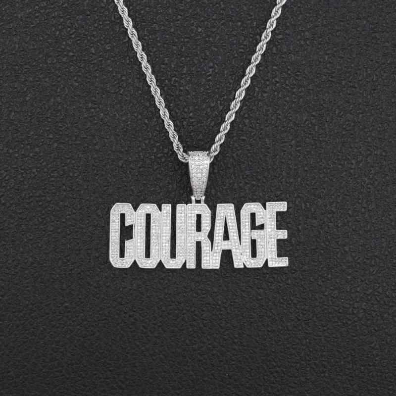 ネックレス 男女兼用 欧米風 シルバー 銅製 ジルコニア アルファベット COURAGE ペンダント ステンレスツイストチェーン ヒップホップ ストリート ダンス ファッション