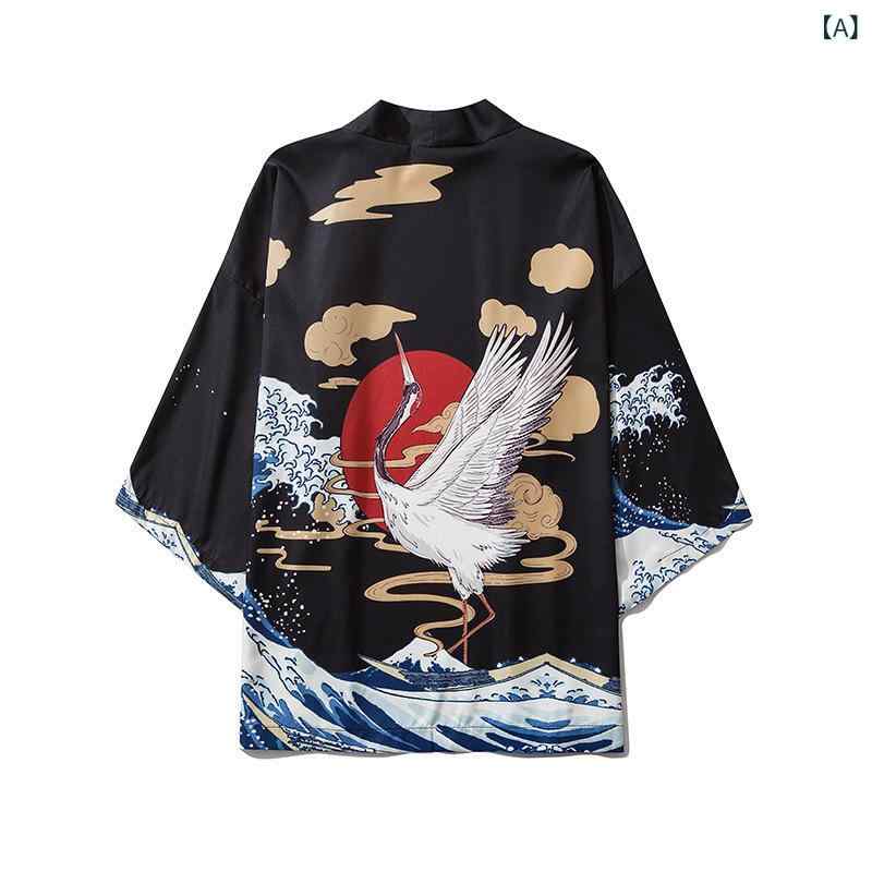 開襟シャツ メンズ 日系 和柄 浮世絵 レトロ 鶴 波 七分袖 ゆったり オーバーサイズ 綿混紡 カジュアル ルーズフィット 薄手 爽やか ウォッシャブル プリント柄 ブラック