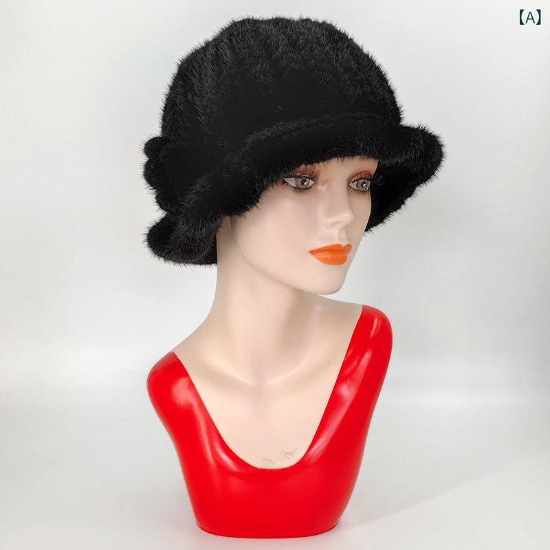 帽子 レディース 女性用 シニア ミドルエイジ ミンクファー ニット 手編み バケットハット 秋冬 冬物 保温 暖かい 厚手 二重構造 フリル おしゃれ 上品 高級感 普段使い お出かけ