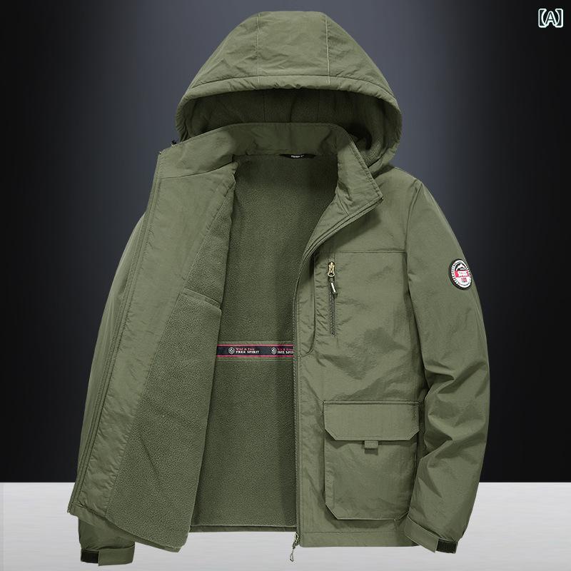 ジャケット 男性用 フード付き マルチポケット 厚手 ポリエステル製 アウトドア 登山 ハイキング キャンプ スポーツ 通気性 カジュアル タウンユース 春秋