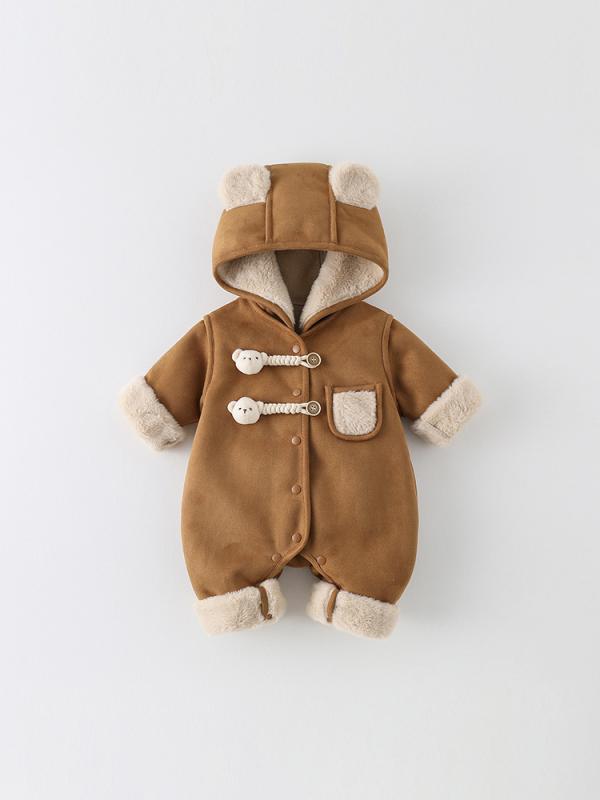 ロンパース ベビー 新生児 秋冬 裏起毛 厚手 中綿 カバーオール フード付き 長袖 かわいい キュート 外出着 防寒 保温 もこもこ ふわふわ ポリエステル 前開き ブラウン