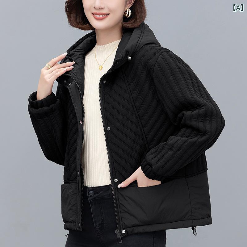 中綿ジャケット レディース 女性用 ミセス ママ ショート丈 フード付き ゆったり オーバーサイズ 大きいサイズ 肉厚 厚手 カジュアル 普段使い ポリエステル 秋冬 ポケット付き アウター