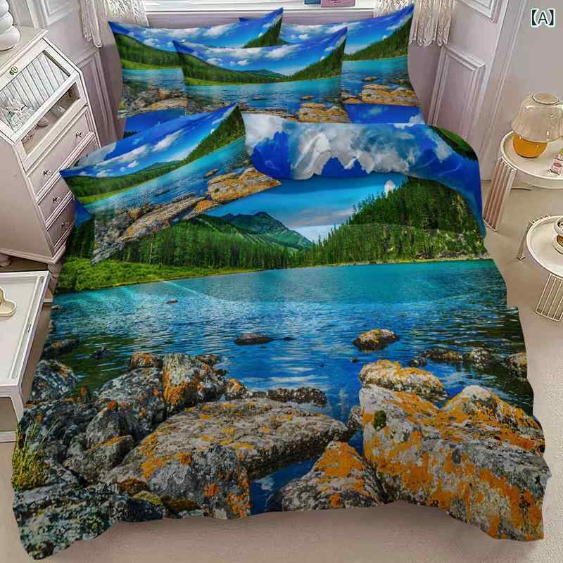 掛け布団カバーセット デジタルプリント 山水画柄 和風 枕カバー 寝具 寝装品 ピーチスキン加工 ポリエステル 洗濯可能 通年快適