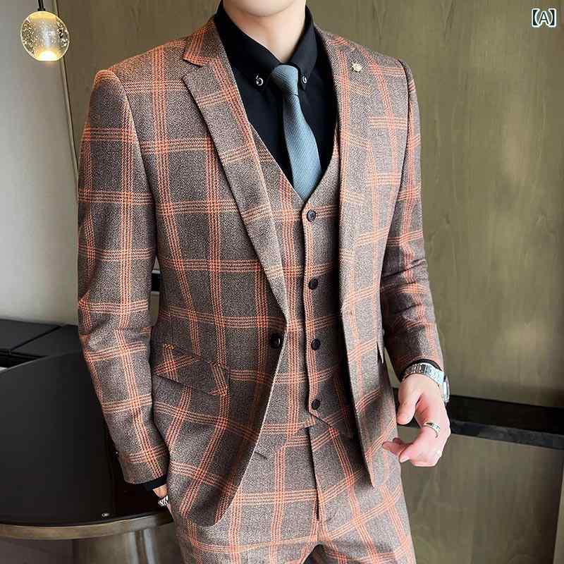 スーツ メンズ 男性用 チェック柄 スリーピース 3点セット スリムフィット シングルブレスト 1つボタン センターベント カジュアル ビジネス フォーマル 礼服 結婚式 パーティー ポリエステル｜Hanbok Home