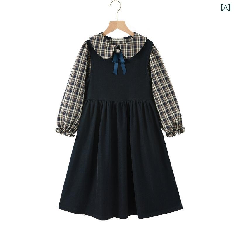 ワンピースセット 女の子 ジュニア 小学生高学年 中学生 韓国風 おしゃれ チェック柄ブラウス ベストワンピース 長袖 秋 ポリエステル混 ソフトタッチ 普段着 通学 ネイビー ツーピース