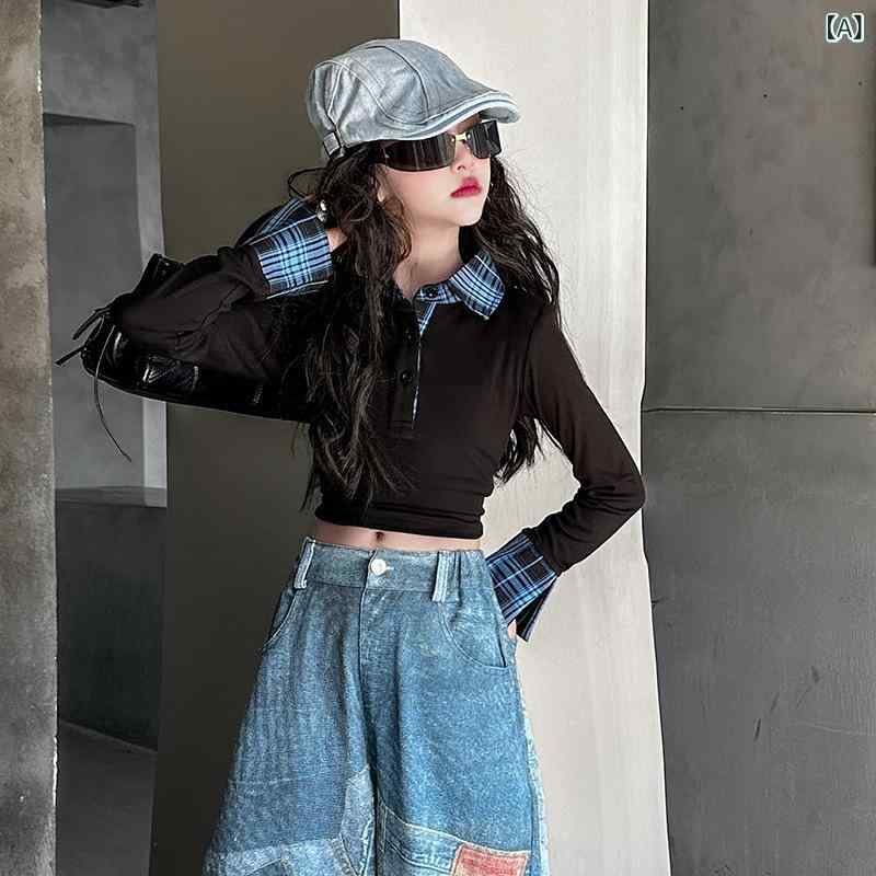 セットアップ 女の子 キッズ 長袖 ウエストマーク プルオーバー カットソー デニム ジーンズ ワイドロングパンツ ロング丈 ゆったり 体型カバー カジュアル 普段使い 通学 韓国風 トレンド 無地 春秋 2点セット ポリエステル ソフトな肌触り