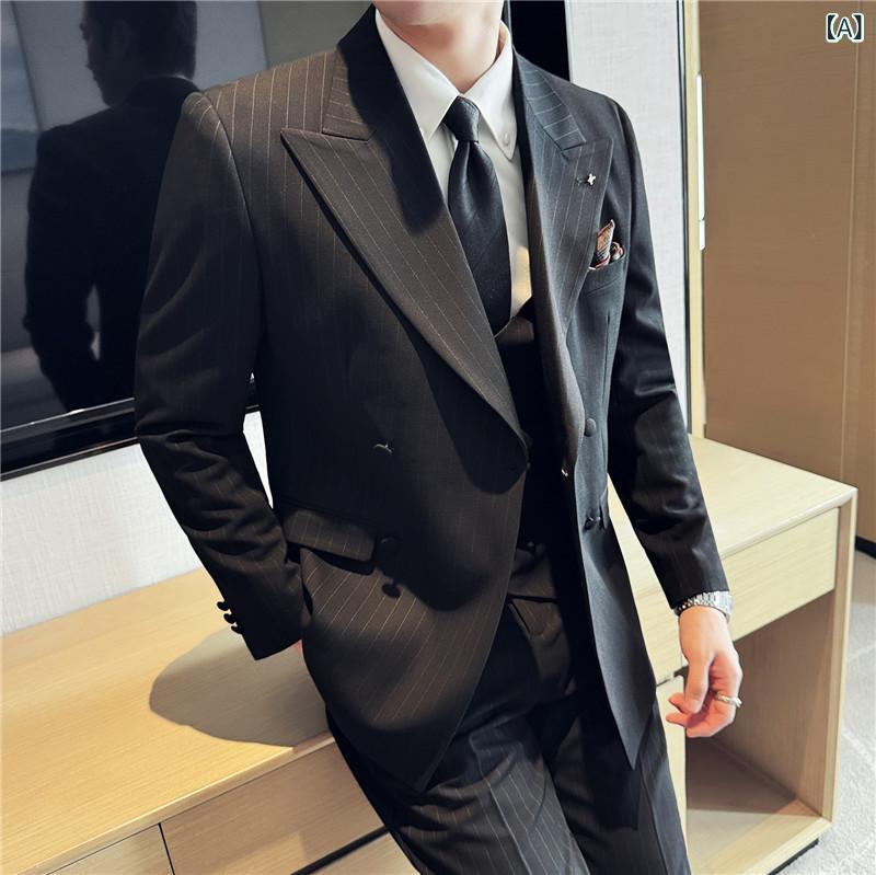 スーツ メンズ セットアップ 男性用 厚手 ダブルブレスト ストライプ スリーピース 結婚式 礼服 フォーマル 披露宴 パーティー ワイドピークドラペル 混紡素材 ブラック ネイビー